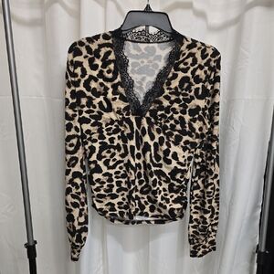 Leopard Print Lace Trim Women's Top